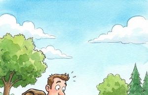 A blonde is swimming in a river.