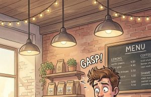 A cat walks into a café, orders a coffee and a slice of cake.