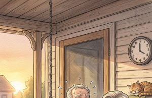 An elderly couple, Bert and Edna, are sitting on the porch swing