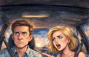 A married couple is driving along a highway doing a steady 40 miles per hour