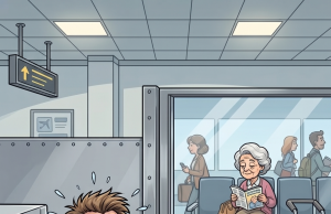 An elderly woman arrived at the airport carrying a small black poodle in a pet carrier.